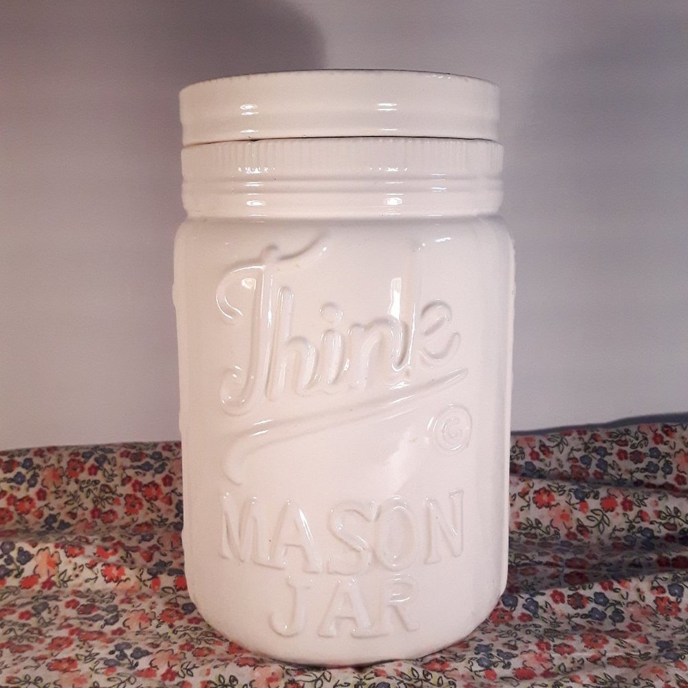 Large Cookie Jar Container - Mason Jar Style White Ceramic